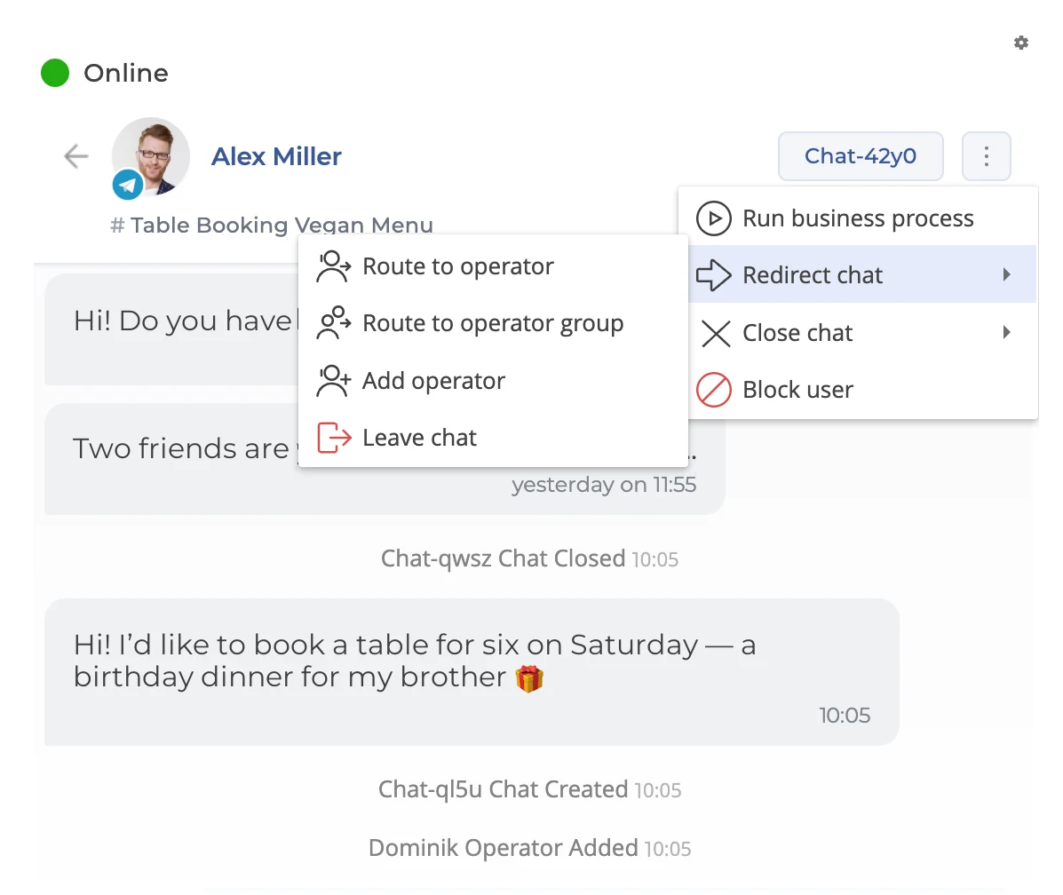 Dialong in the Creatio communication panel: Chat actions — redirect, add operators, run business processes