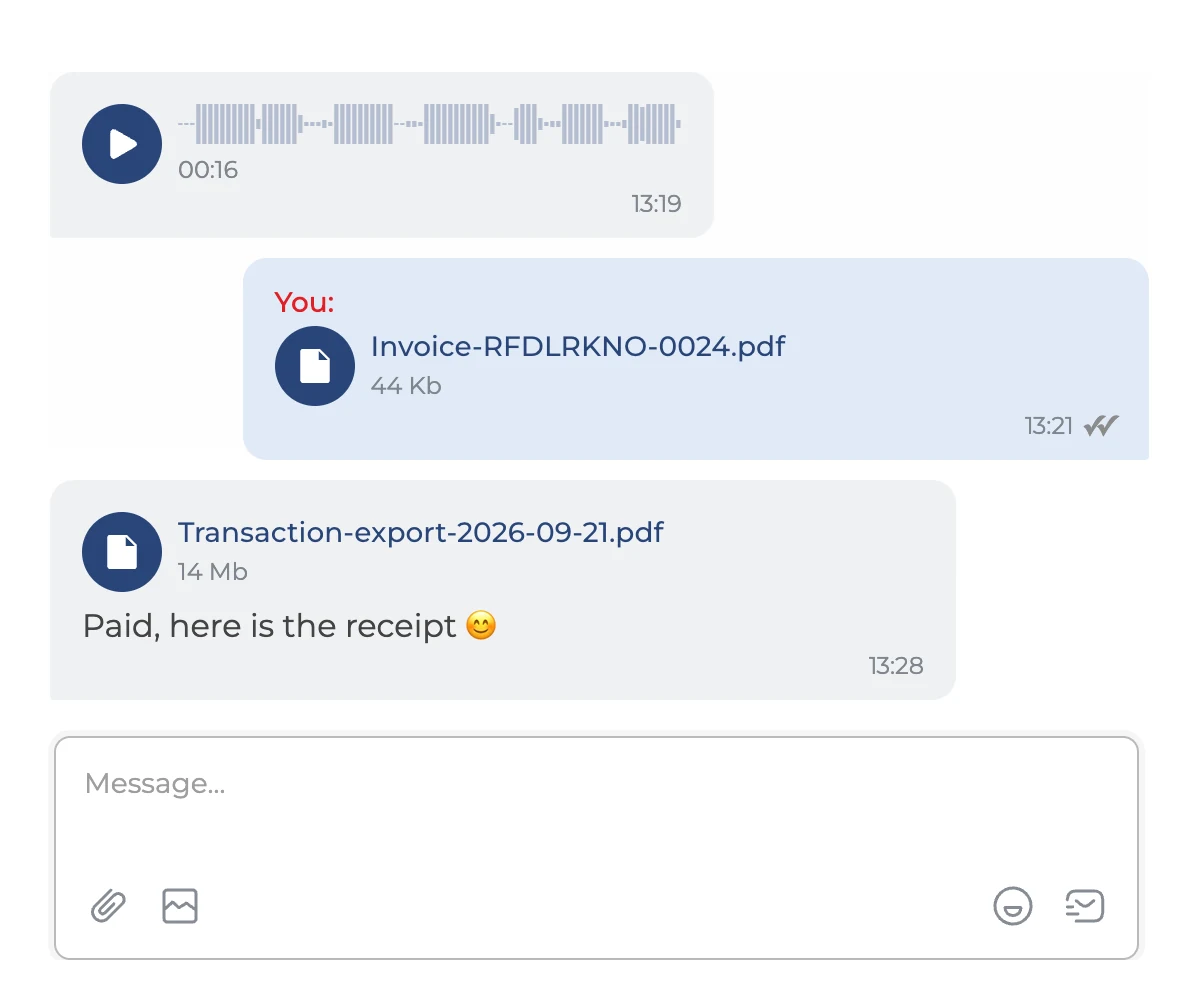 Dialong in the Creatio communication panel: Files — video, voice, documents, images
